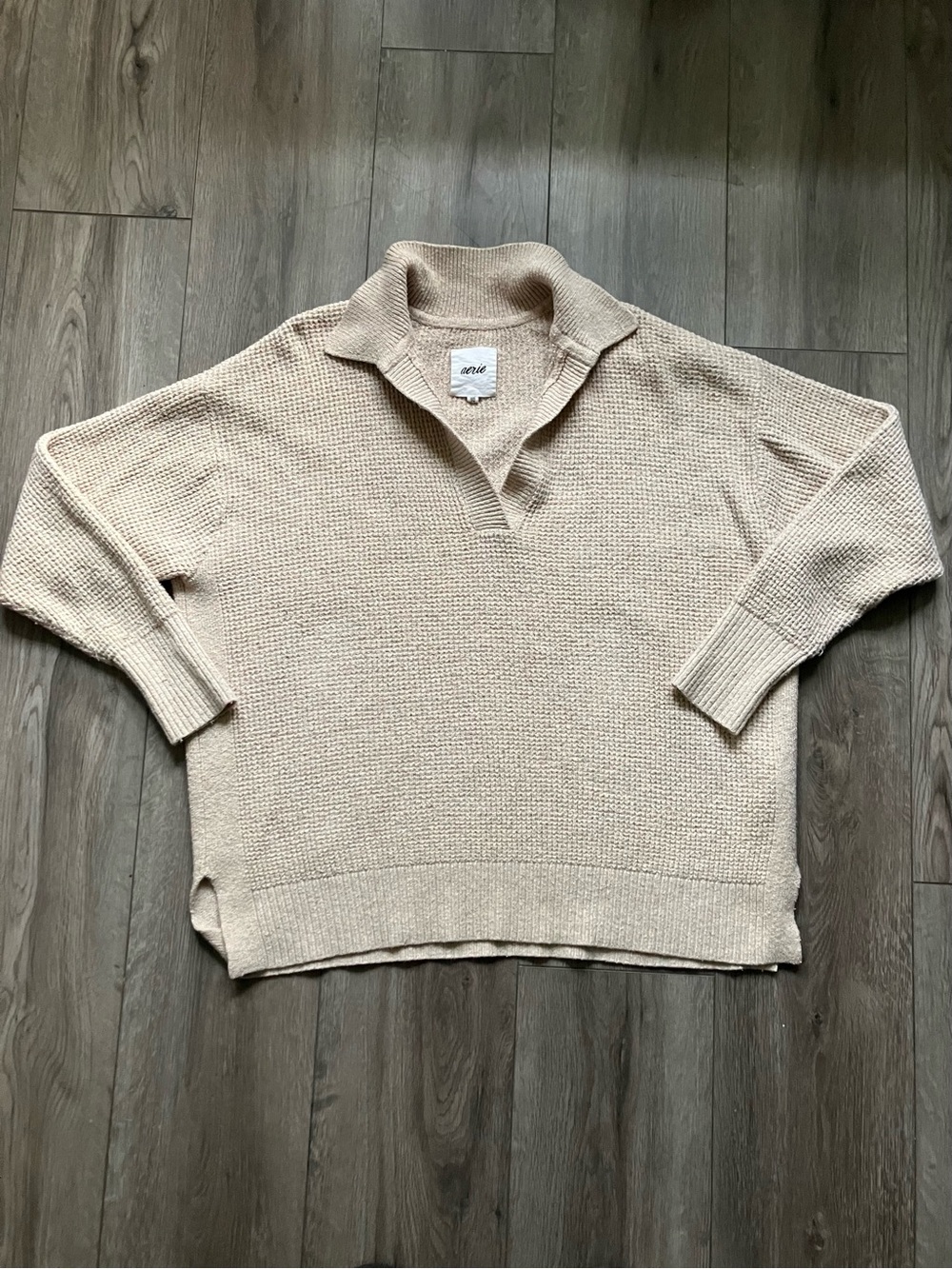 Aerie Cream Waffle Knit Split Collar Pullover Sweater XXS Oversized V Neck